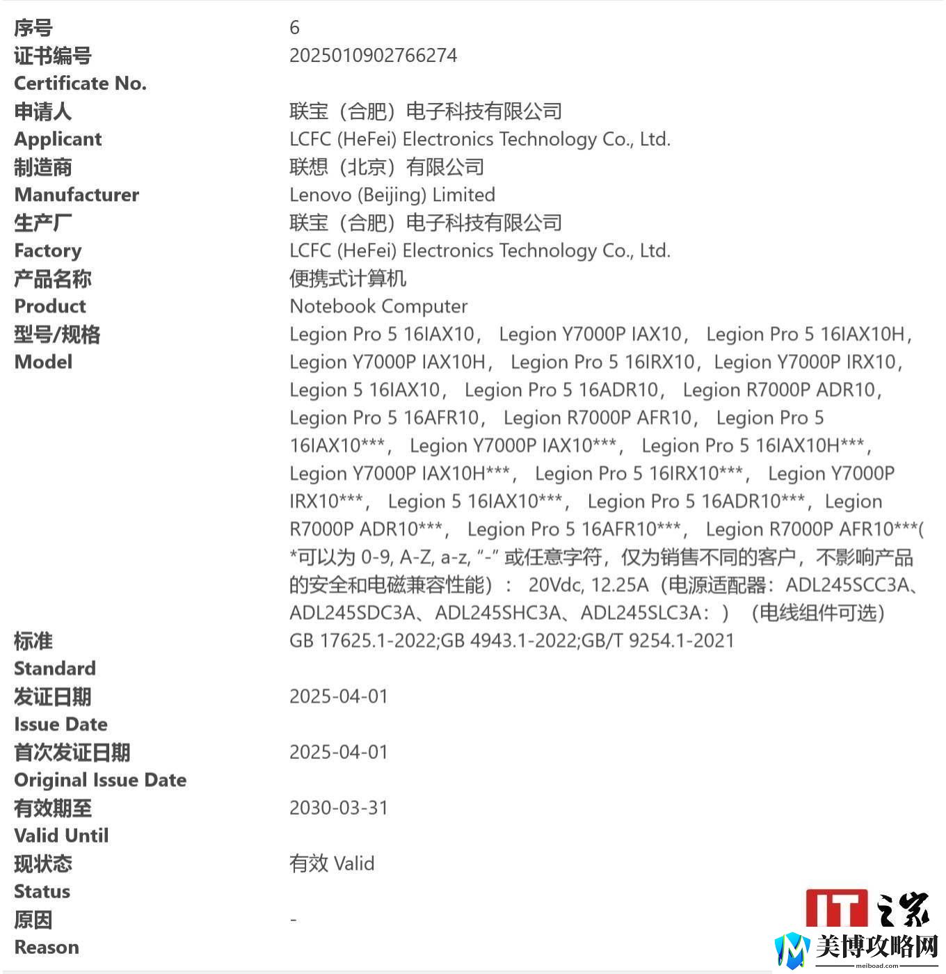 2025款联想拯救者Legion游戏本Y7000P/R7000P获3C认证-性能再升级